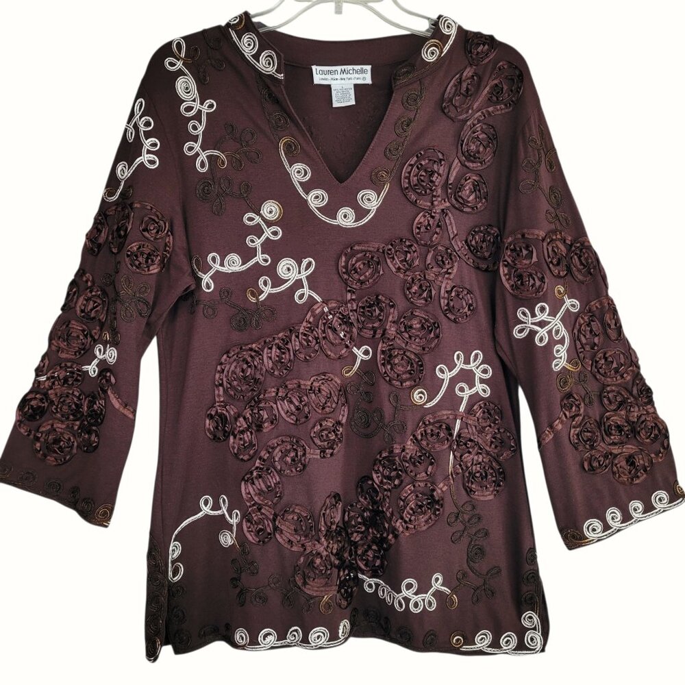 Lauren Michelle Tunic Top Women L Brown Embroidered Ribbon Roses Boho Fairy Y2K